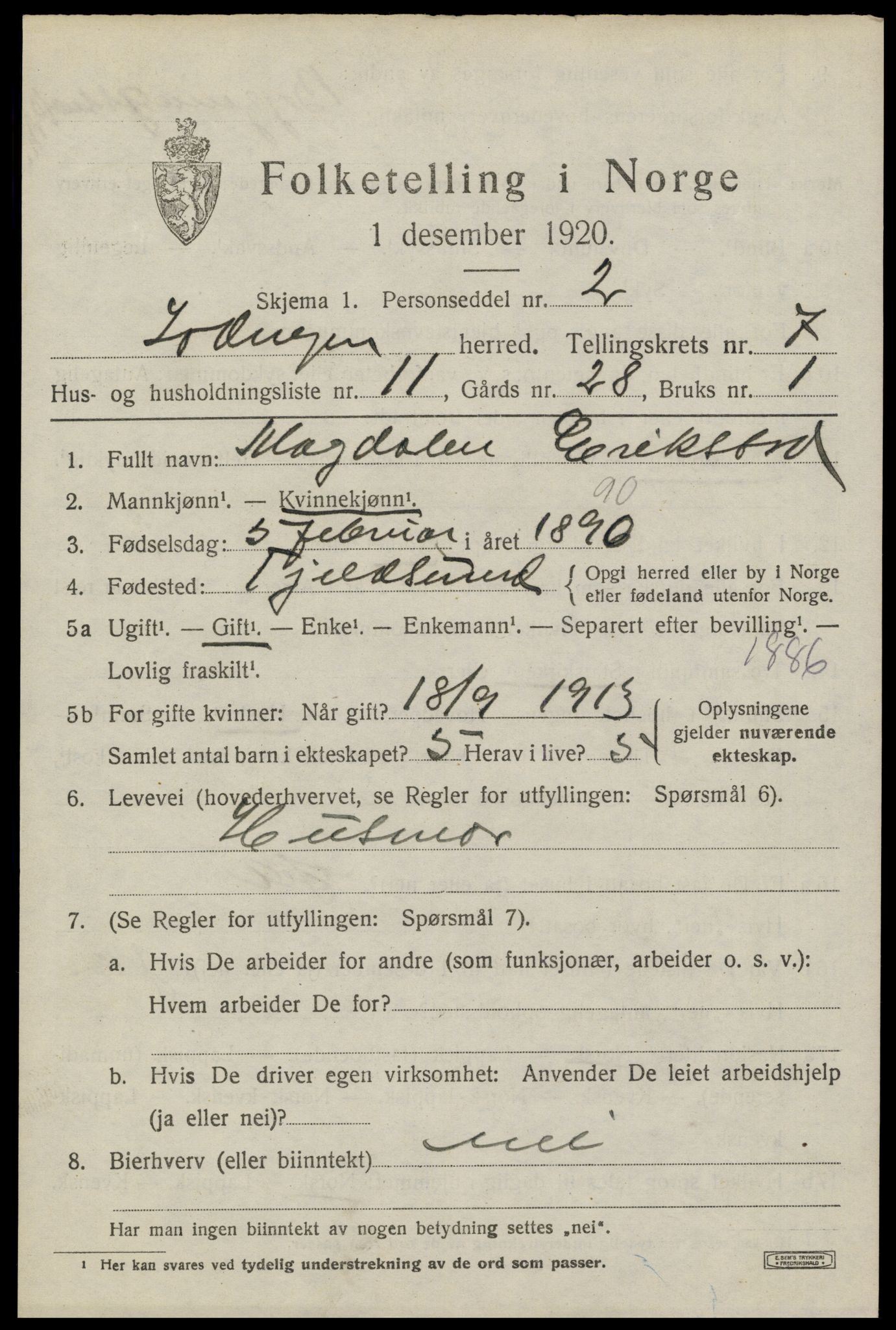 Magdalena Erikstad Folketelling 1920